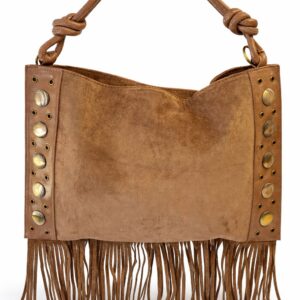 Borsa in Camoscio con Frange e Borchie – Modello Boho Chic con Doppia Tracolla